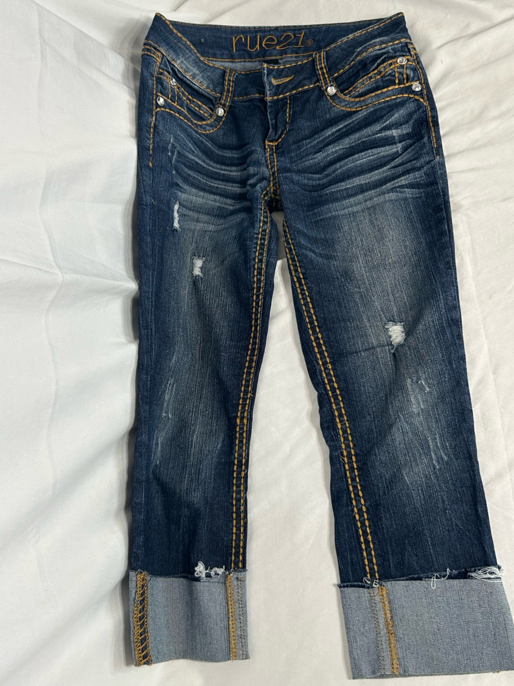 Rue21 Dark Blue Distressed Capri Jeans with Cuffed Hem